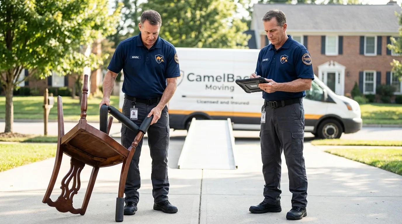 Movers inspecting furniture for damage prevention before loading in Independence, VA