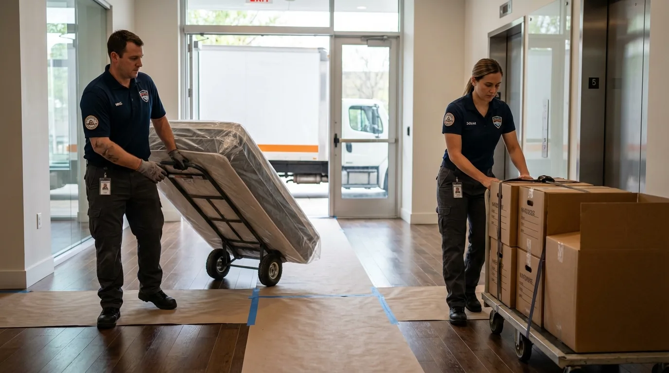 Professional apartment movers loading elevator in Independence, VA