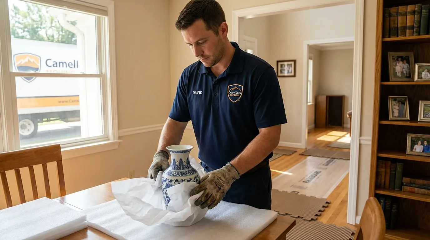 Professional crew carefully wrapping antique vase for senior downsizing move in Independence, VA